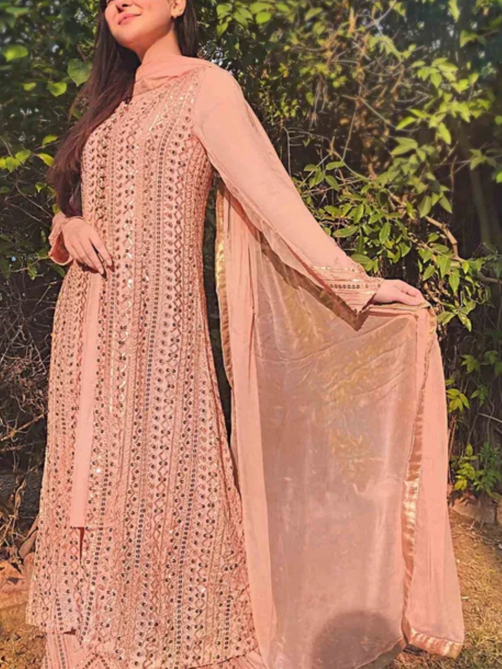Embellished Peach Long Dress with Dupatta - Women's Formal Wear